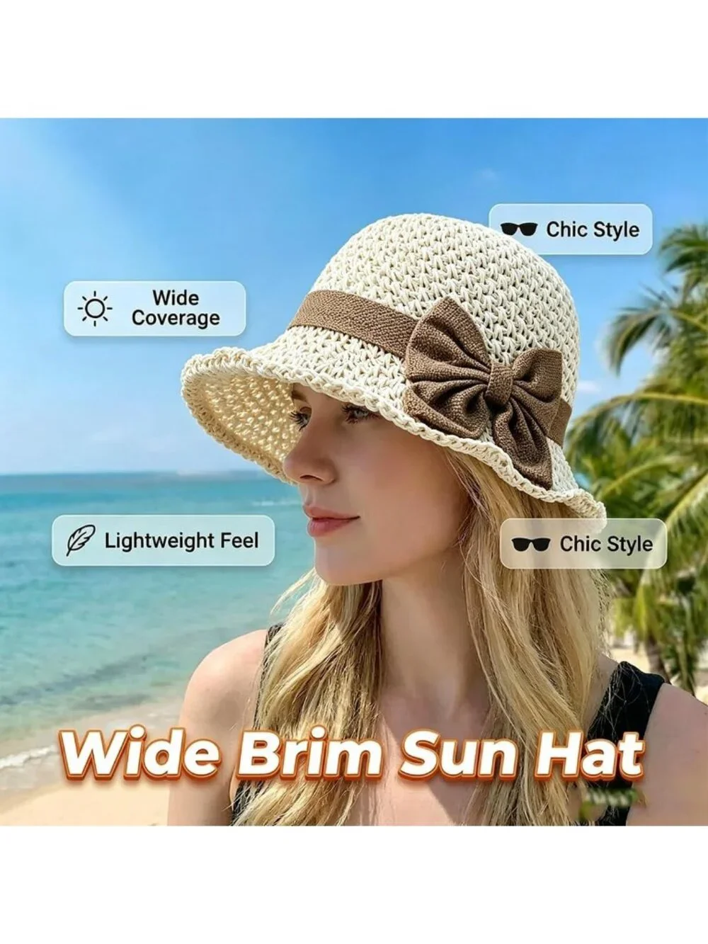Chic Retro Woven Straw Hat with Ruffled Bow - Foldable, Breathable Sun